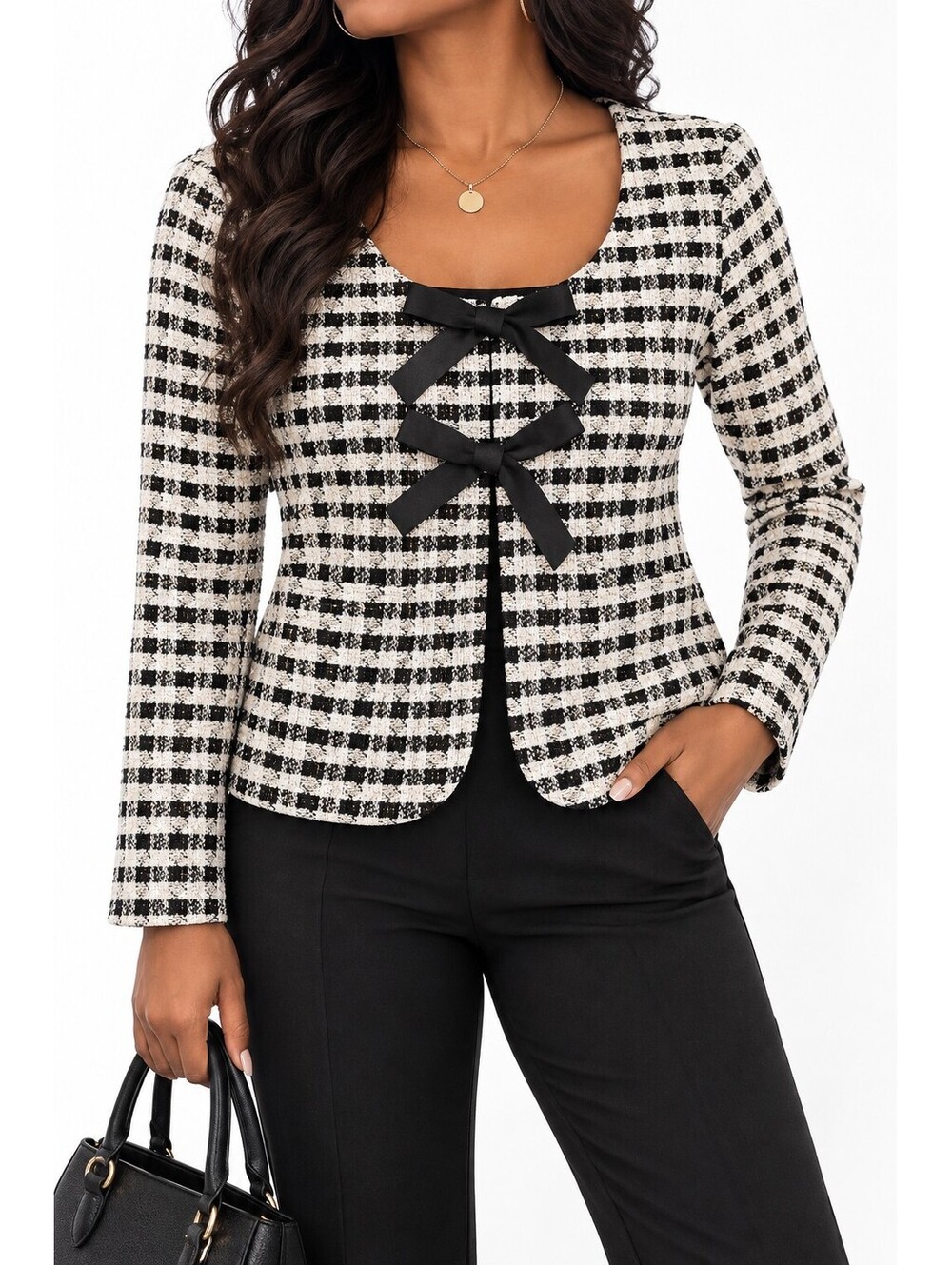 Julia by Love L Black White Bow Tweed Knit Jacket Top NWT